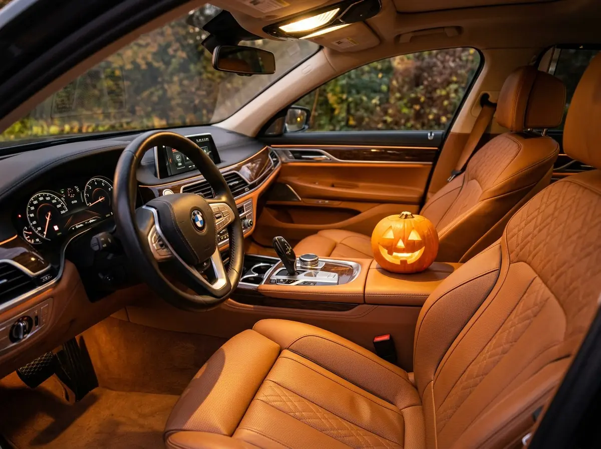 Freshly detailed cognac leather car interior with a carved pumpkin on the passenger seat